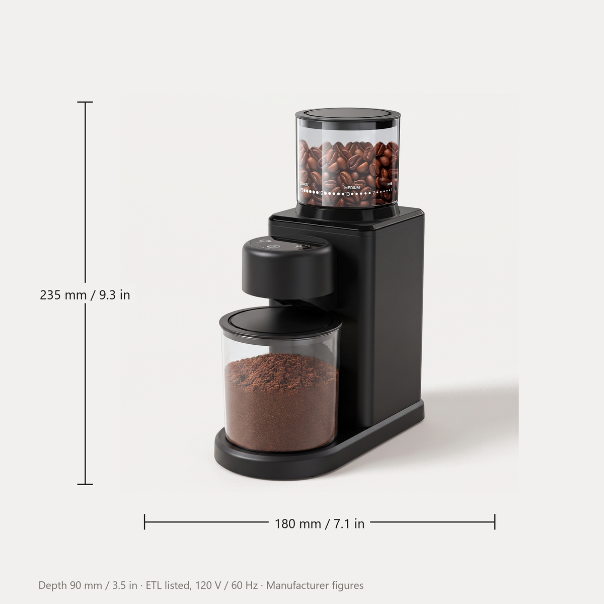 Wancle CBG-9001 coffee grinder dimensions, 235 mm high by 180 mm wide