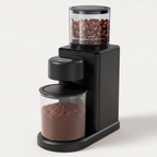 Wancle CBG-9001 coffee grinder with beans in the hopper and grounds in the container